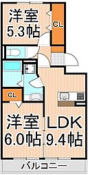 セジュール保塚B 2DKの間取図画像