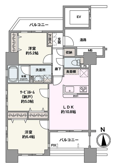 南向きの角住戸につき、陽当り、通風良好な「2SLDK」の住まい。LDKは約10.8帖×対面式キッチンで、ご家族の会話が弾む空間です。