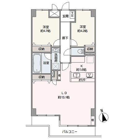 各居室に収納が備わった南向き2LDK。