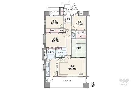 間取りは専有面積89.33平米の4LDK。LDK約16.4帖の横長リビングのプラン。バルコニー面積は17.47平米です。