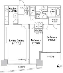河田町ガーデン クラブフロア 33階2LDKの間取り