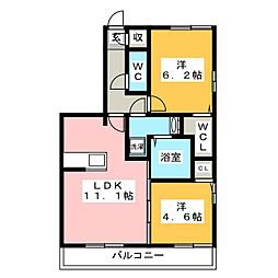 ハイム ルーエ厚原東B棟 1階2LDKの間取り