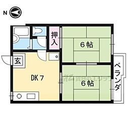 京都地下鉄東西線 石田駅 徒歩17分の賃貸アパート 1階2DKの間取り