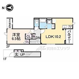 近鉄京都線 大久保駅 徒歩12分の賃貸アパート 2階1LDKの間取り