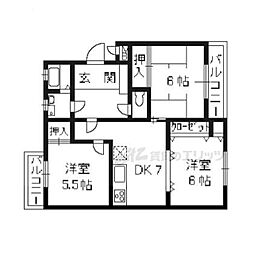 JR東海道・山陽本線 長岡京駅 徒歩37分の賃貸マンション 2階3DKの間取り