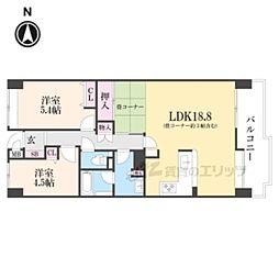 JR奈良線 黄檗駅 徒歩6分の賃貸マンション 3階2LDKの間取り