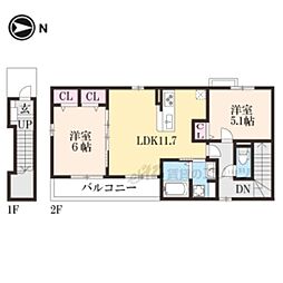 JR東海道・山陽本線 向日町駅 3.2kmの賃貸アパート 2階2LDKの間取り