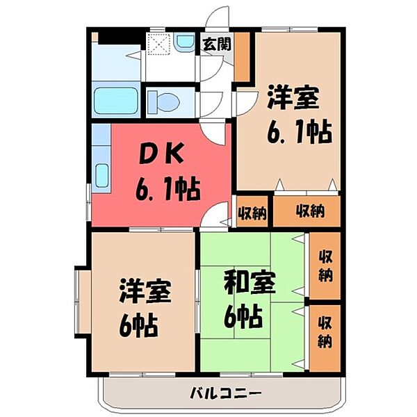 栃木県小山市東城南1丁目(賃貸マンション3DK・3階・56.45㎡)の写真 その2