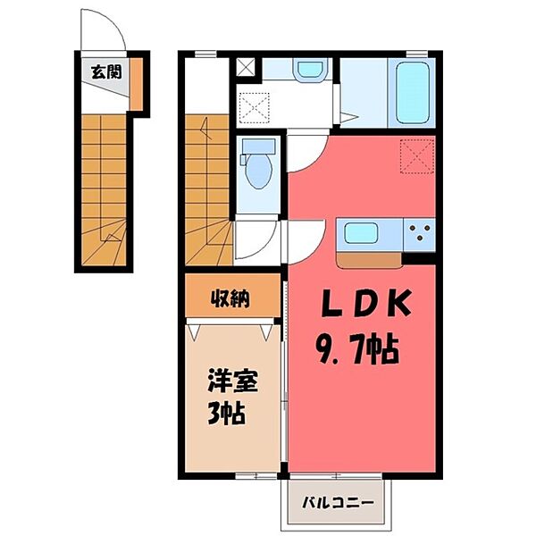 栃木県小山市大字喜沢(賃貸アパート1LDK・2階・36.30㎡)の写真 その2