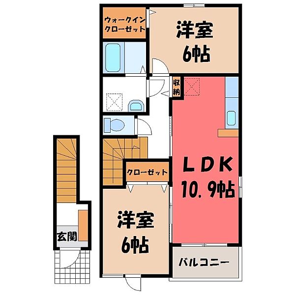 栃木県栃木市大平町富田(賃貸アパート2LDK・2階・57.21㎡)の写真 その2