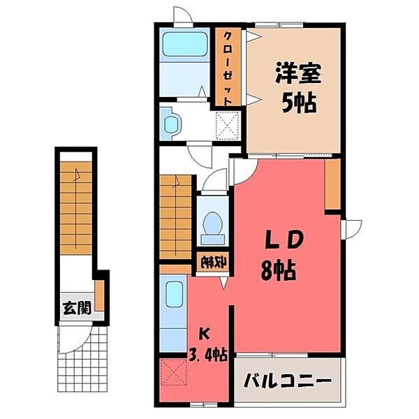 栃木県下野市小金井4丁目(賃貸アパート1LDK・2階・42.28㎡)の写真 その2