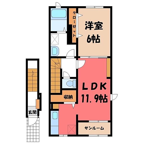 栃木県下野市下石橋(賃貸アパート1LDK・2階・52.37㎡)の写真 その2