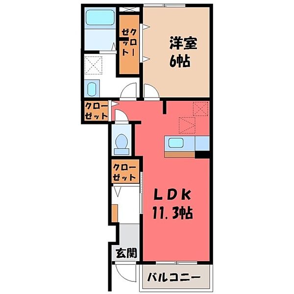 栃木県小山市西城南1丁目(賃貸アパート1LDK・1階・44.18㎡)の写真 その2