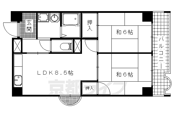 シャンドール東野 205｜京都府京都市山科区東野八反畑町(賃貸マンション2LDK・2階・45.90㎡)の写真 その2