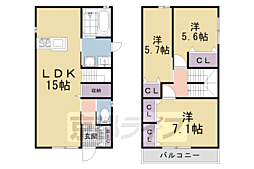 JR奈良線 新田駅 徒歩18分の賃貸一戸建て 3LDKの間取り