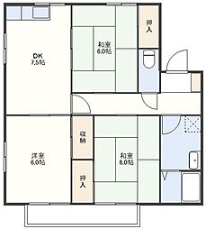 はるの城ハイムB棟 2階3DKの間取り