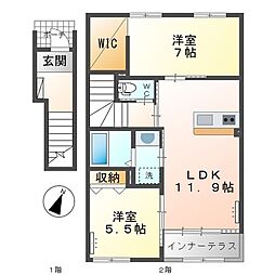 カーサ牛田本町 2階2LDKの間取り