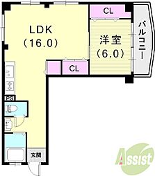 六甲グロリアハイツ 1LDKの間取図画像