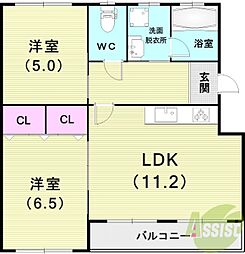 住吉山手荒木マンション 2LDKの間取図画像