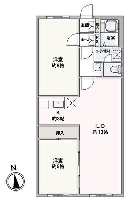 専有面積62.15?・2LDK・4階、各洋室は6帖以上の広さでゆったりと過ごせます。