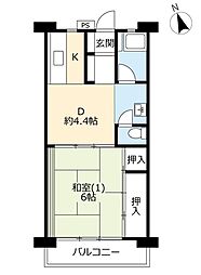 UR都市機構村上団地2-6 1DKの間取図画像