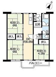 UR都市機構村上団地2-6 3DKの間取図画像
