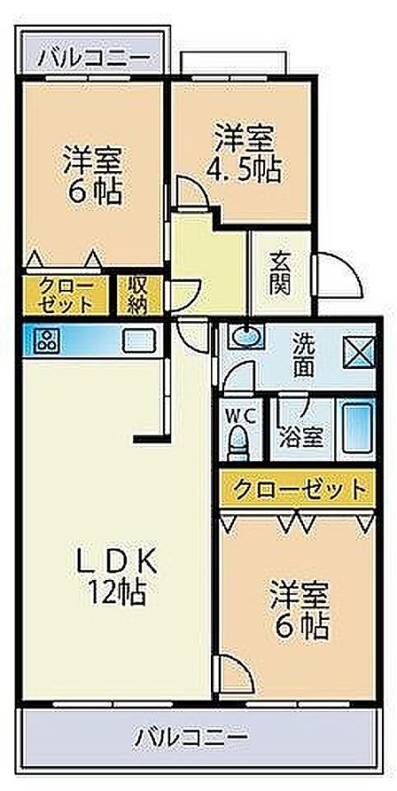 2つのバルコニー付き3LDK。各洋室に収納があり、LDKはゆとりの12帖。快適な生活をサポートする間取りです。
