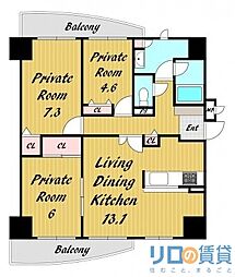 グランツ新大阪 7階3LDKの間取り