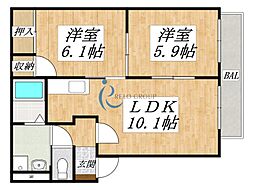 バリュージュ瓜破B棟 2LDKの間取図画像
