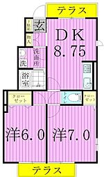 カーサメルヴェーユ 1階2DKの間取り