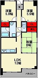 ライフマンション飯塚駅 2階3LDKの間取り