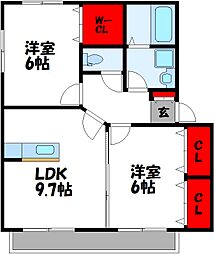 ティーハウス 2階2LDKの間取り