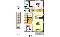 富山地方鉄道上滝線 朝菜町駅 徒歩33分の賃貸アパート 2階2LDKの間取り