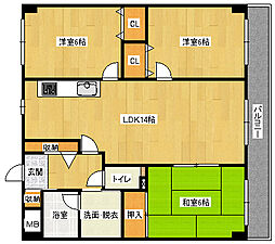 JR可部線 七軒茶屋駅 徒歩6分の賃貸マンション 2階3LDKの間取り