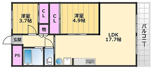 パレス竹ヶ城 1B｜大阪府堺市西区鳳中町10丁(賃貸マンション2LDK・1階・60.90㎡)の写真 その2