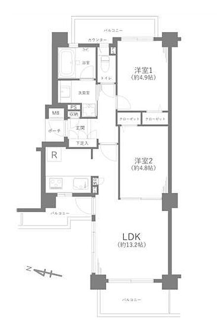 2LDK 専有面積52.09平米、バルコニー面積13.43平米