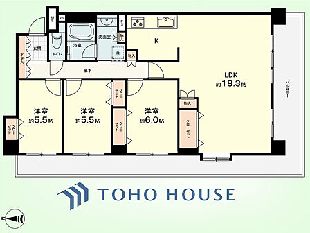 3LDK 専有面積86.27平米、バルコニー面積26.84平米