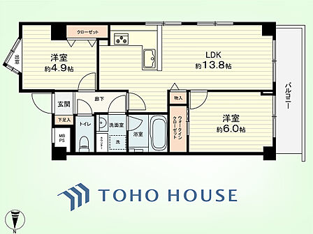 2LDK　専有面積55.14平米、バルコニー面積8.29平米