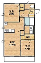 GUCCIフィールドII 2階2LDKの間取り