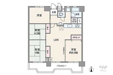 間取りは専有面積82.80平米の4LDK。LDKと6帖の洋室は、可動式間仕切りで繋げたり仕切ったり出来ます。トイレ・洗濯機置場・浴室に窓があるのもポイントです。