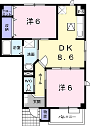 リバーウィンド城南A 2DKの間取図画像