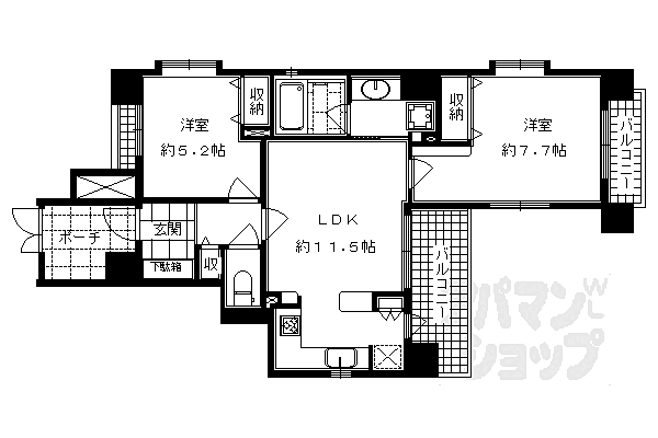 京都府京都市中京区三条通高倉東入ル桝屋町(賃貸マンション2LDK・2階・56.33㎡)の写真 その2