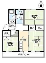 UR都市機構桃山南団地3棟 2DKの間取図画像