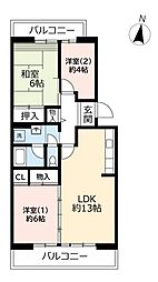 UR都市機構洛西福西公園団地1棟 3LDKの間取図画像