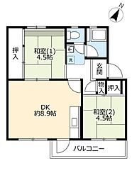 UR中登美第三 4階2DKの間取り