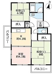 UR中登美第三 2階3Kの間取り