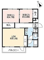 UR都市機構中登美団地C-3 2LDKの間取図画像