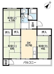 UR都市機構中登美団地C-3 3DKの間取図画像