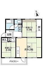 UR都市機構西大和星和台団地8号棟 2DKの間取図画像