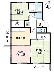 UR都市機構中登美団地C-3 3Kの間取図画像